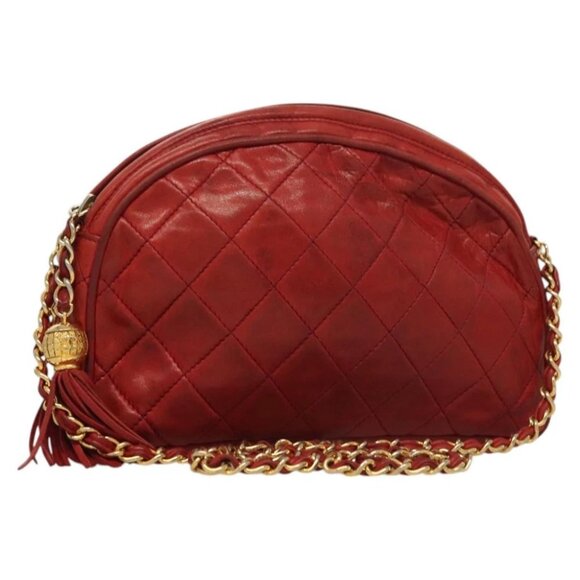 CHANEL Matelasse Chain Shoulder Bag Lamb Skin Red Gold CC - Picture 1 of 16